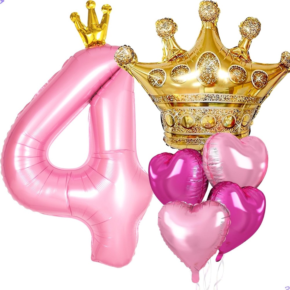 Princess 4th Party Decorations, 40 inch Large Pink Crown 4 Balloon for Girls’…