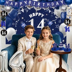 Dark Blue Silver 14th Decorations for Boys Girls, Happy 14th Decorations Boy …