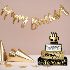 4Pcs Birthday Table Centerpiece, Happy Birthday Wooden Blocks Plaque, Black Gold