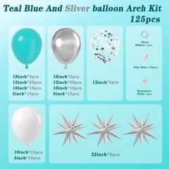 125pcs Teal Silver White Balloon Garland Arch Kit, White Metallic Silver Teal…