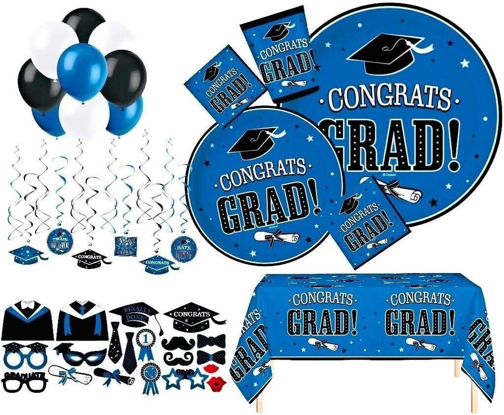 Congrats Grad Party Set Serve for 30 Graduation Decoration Banner Blue