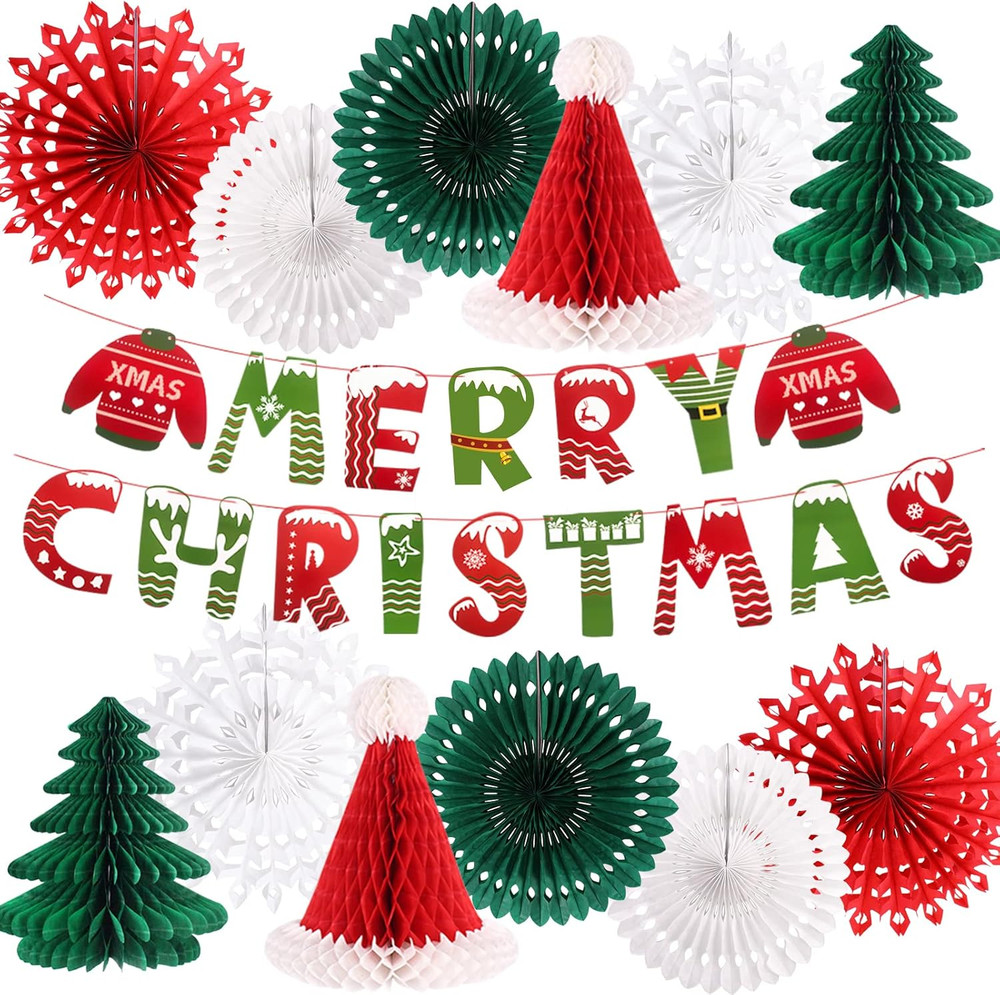 Christmas Party Decorations, Merry Christmas Banner Honeycomb Santa Hats Trees H