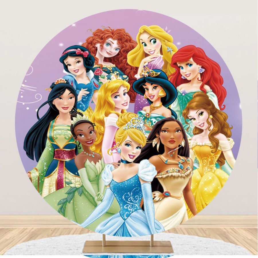 Round Cartoon princesses group Photo Backdrop Cover Girls Birthday Background