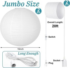 2 Juegos Faroles Papel Blancos con Cable Lampara Fiesta Boda 16 Pulgadas