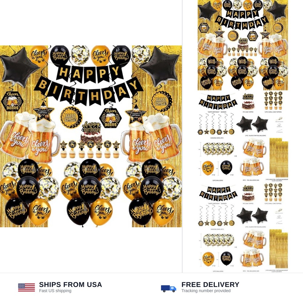 Black and Gold Party Decorations for Men and Women: Happy Birthday Banner, Fr…