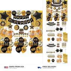 Black and Gold Party Decorations for Men and Women: Happy Birthday Banner, Fr…