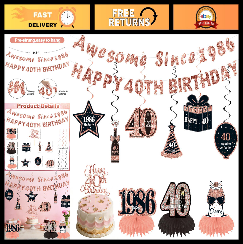40th Birthday Party Decorations – 12 Pcs Black Rose Gold Set, Cake Topper, Banne