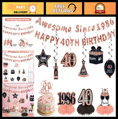 40th Birthday Party Decorations – 12 Pcs Black Rose Gold Set, Cake Topper, Banne