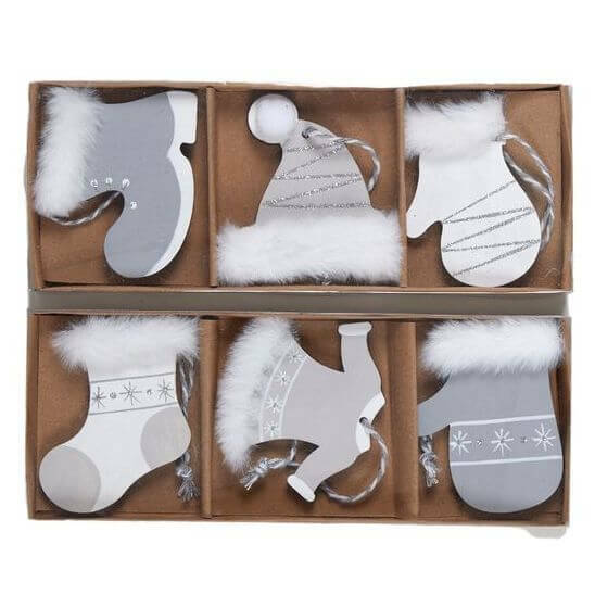 6x Christmas Tree Wooden Hanging Pendant Socks Gloves w Fur Edge Ornaments Décor