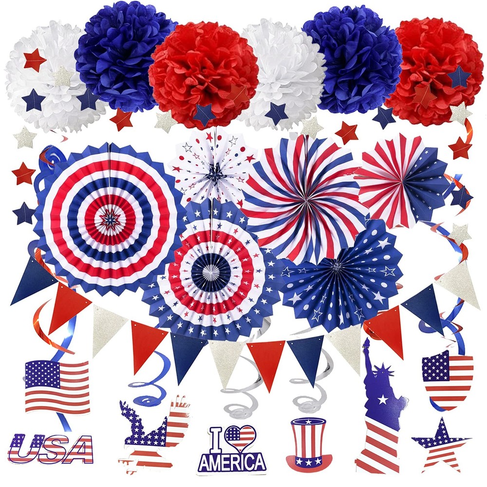 USA Party Supplies, Navy Blue Red Paper Fans Set Pom Poms Star Streamer Hangi…