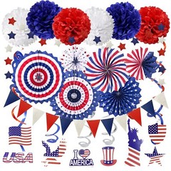 USA Party Supplies, Navy Blue Red Paper Fans Set Pom Poms Star Streamer Hangi…