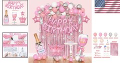 Pink Birthday Party Decorations Kit for Girls Women with Banner Foil Balloons