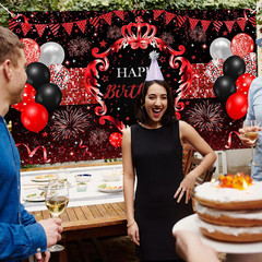 Red and Black Birthday Backdrop Glitter Red Banner for Women Girls Birthday Part