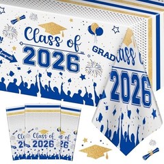 Graduation Decorations Class of 2026 Plastic Tablecloth 3 Pack 54×108 Inch Blue