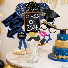 Class of 2026 Graduation Photo Booth Props Set – 35PCS Blue and Gold Graduation