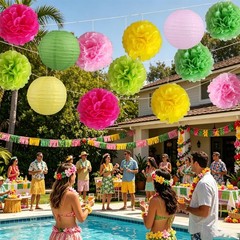 13 PCS Hawaiian Luau Party Decorations Tropical Tissue Paper Pom Poms Lanterns