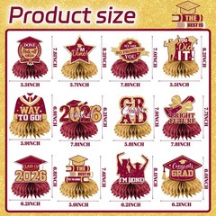 12 PCS Maroon Gold 2026 Graduation Honeycomb Centerpieces Table Toppers