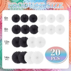 20 PCS Black White Round Hanging Honeycomb Paper Fan Graduation Party Supply