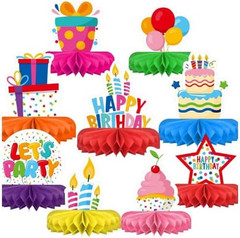 Birthday Party 9 Piece Decorations Set with Honeycomb Centerpiece, Colorful Tabl