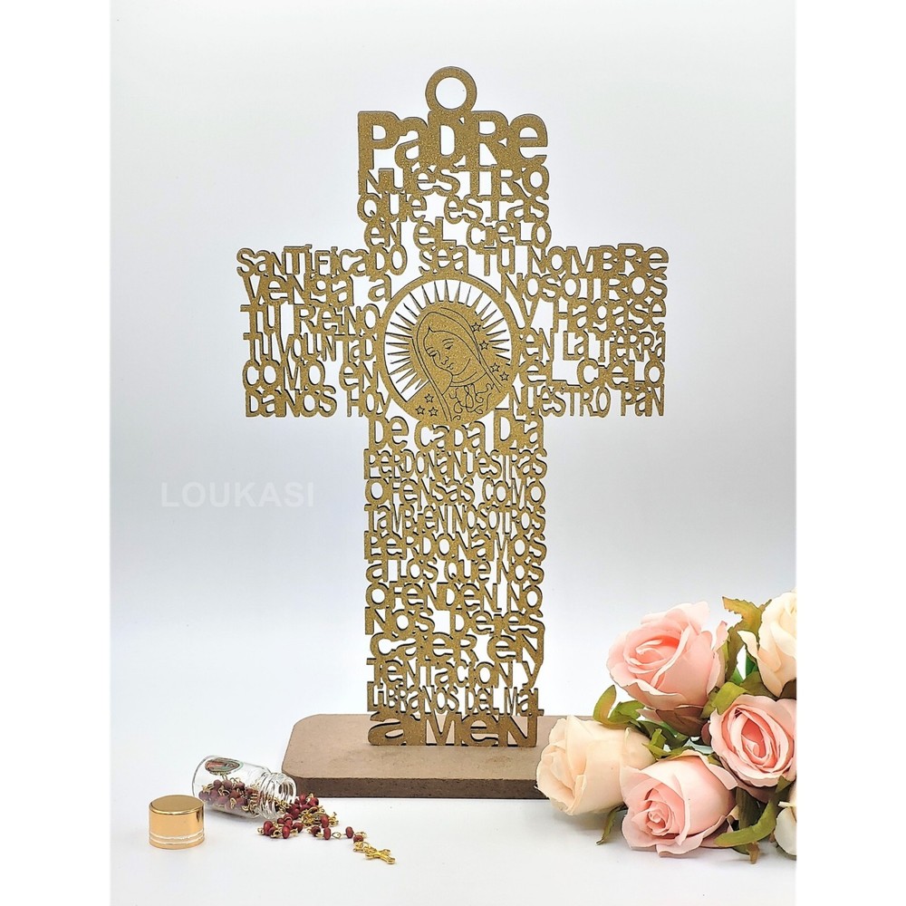 US 4/12pcs Wood Religious Cross Guadalupe Centerpiece w Stand Baby Shower Decor