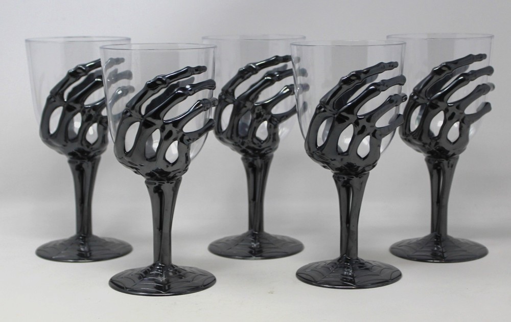 5 Halloween Metallic Black Skeleton Hand Plastic Wine Glasses Goblets Party Bar