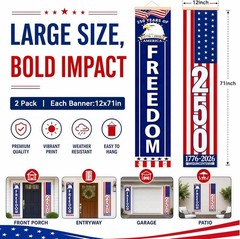 2 Pack 4th of July Decorations Outdoor Patriotic 250th Anniversary Hanging Banne