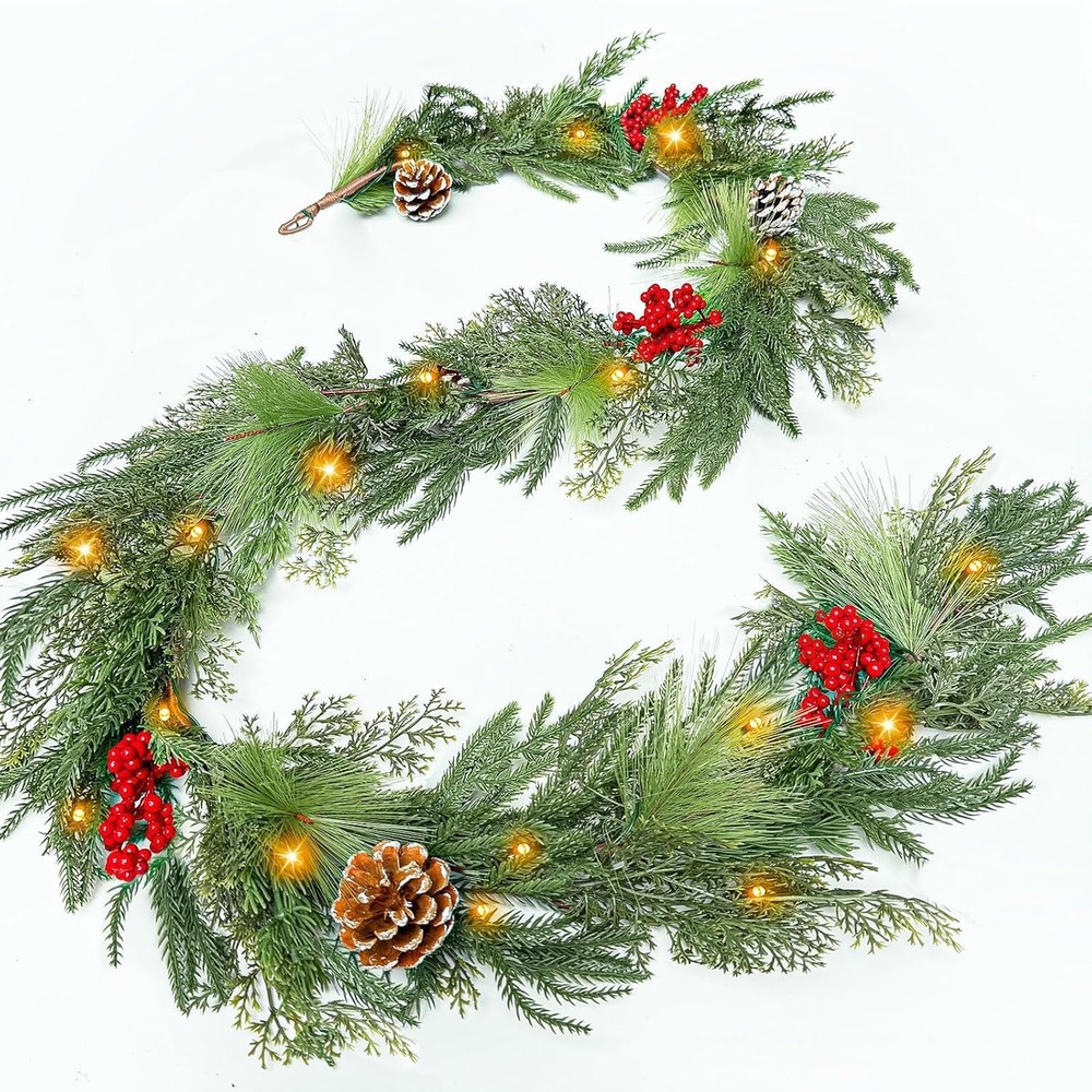 Prelit & Timer – 6FT Christmas Garland with Lights, Real Touch Norfolk Pine