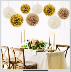 12 PCS Gold White Brown Tissue Paper Pom Poms Wedding Bday Party Hanging Decor