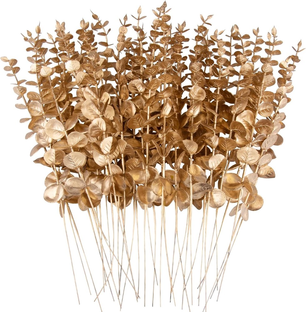 FEQO 36 Pcs Gold Eucalyptus Stems Artificial Leaves Faux 36 pcs,