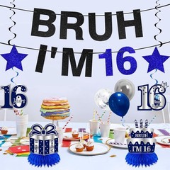 11Pcs 16th Birthday Decorations for Boys Men, Blue Sliver Happy 16th Birthday…
