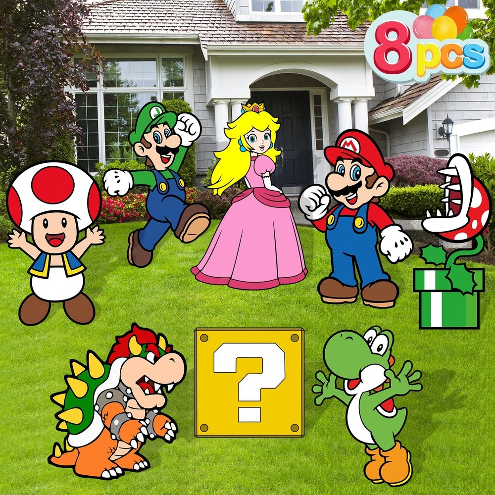 Super Mario Birthday Party Supplies – 8PCS Yard Signs with Stakes, Outdoor Decor