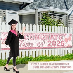 Waterproof Foldable Graduation Sign – Pink Rose Gold Class of 2026 Decoration