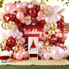 Burgundy Pink Balloon Arch, Double Stuffed Ruby Red Pearl Pink Gold Balloon G…