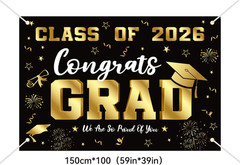 Graduation Decorations 2026 Set Black Gold Banner Backdrop Balloon Kit Swirls