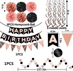 Complete Rose Gold Black Birthday Celebration Kit – Bunting, Honeycomb & Swirls