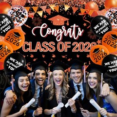 Orange and Black Graduation Decorations Class of 2026 Banner with 18 Pcs Grad…