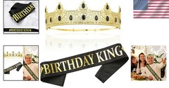 King Crown and Birthday Sash Gift Set for Men Gold Celebration Accessories