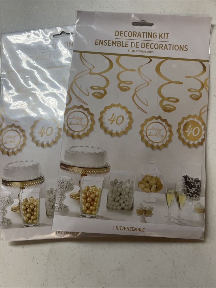 40TH HAPPY BIRTHDAY DECORATING KIT HANGING FANS SWIRLS GOLD Lot Of 2