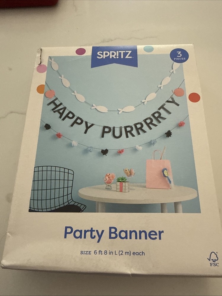 Spritz Party Banner Cat Lover Happy Purrrrty Birthday Decor & 10 Hats