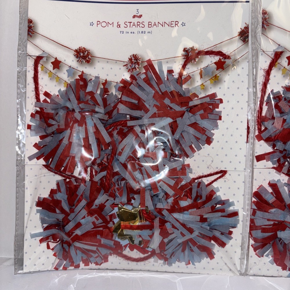 Centennial July 4th Decorations, Set Of 2 Crepe Tissue Paper Pom Pom & Stars NEW