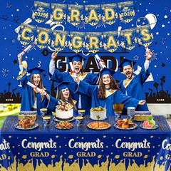 123 Pcs Blue Gold Graduation Decorations 2026 Set – Tablecloth, Plates, Cups, Ba