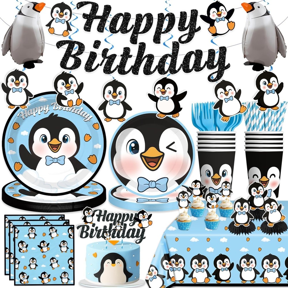 Penguin Themed Birthday Tableware Includes Tablecover, Utensils, Decorations