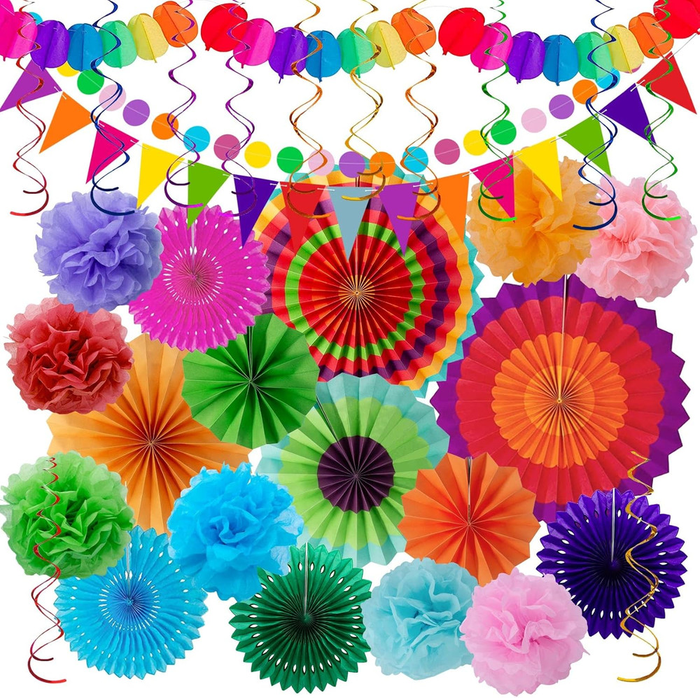 Fiesta Party Decorations – 33Pcs Colorful Mexican Themed Hanging Paper Fans, Rai