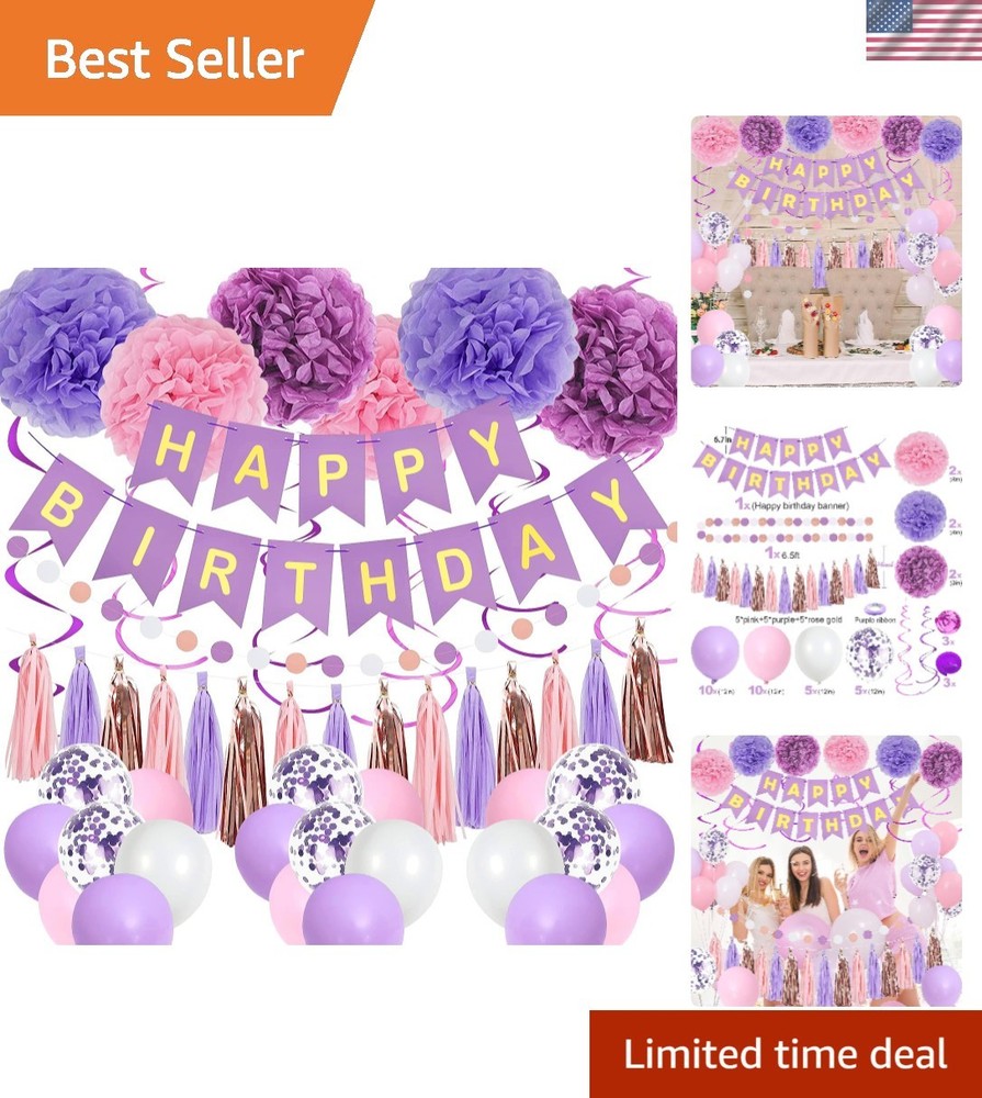 Elegant Purple Pink Birthday Decorations Set with Happy Birthday Banner
