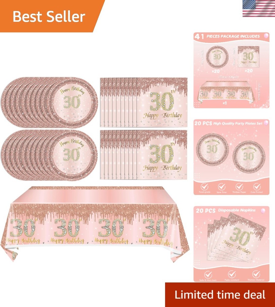 Chic 41-Piece Rose Gold 30th Birthday Party Tableware Set – Disposable Elegance