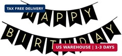 Happy Birthday Banner Black Gold Pre Strung Party Bunting Decoration Decor