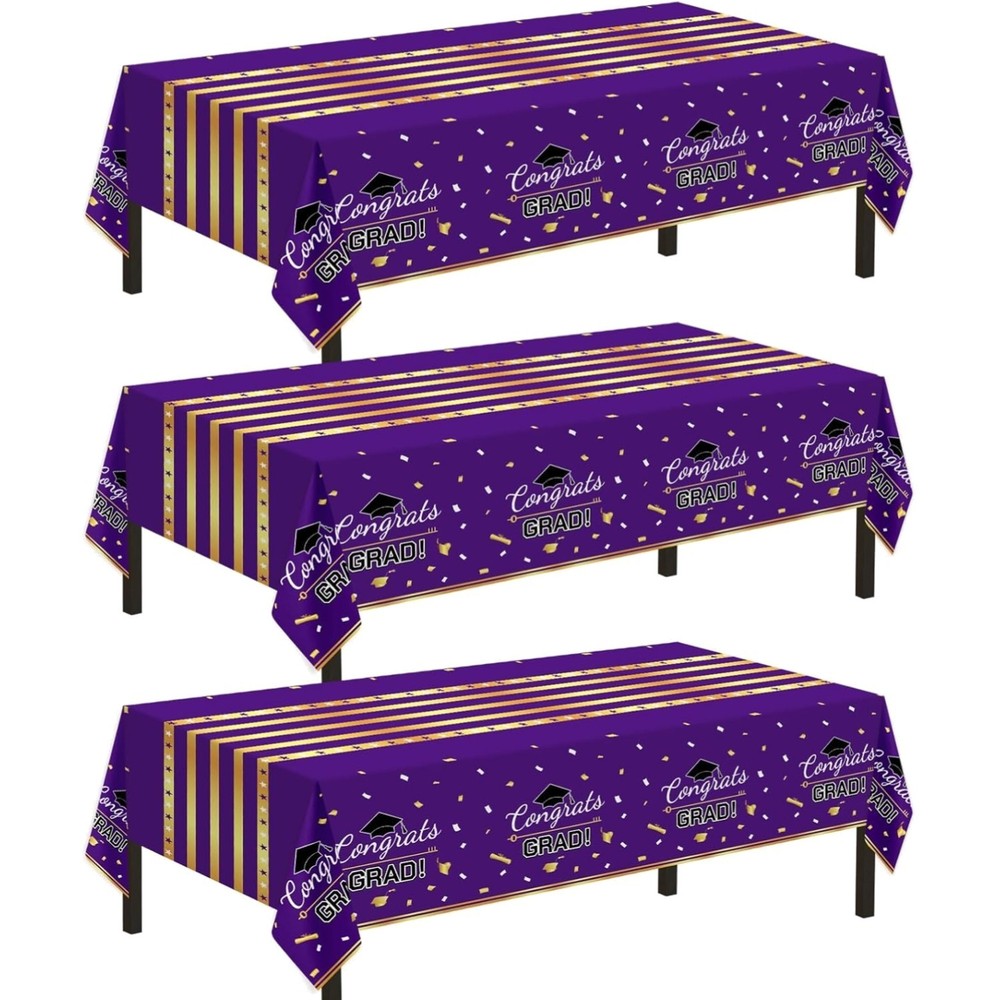 Graduation Tablecloth 54″x108″ Purple Gold Disposable Plastic 3 Pack