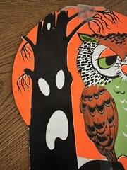Wise Old Halloween Owl Sitting In A Tree Approx 1970s 11 X 9.5 Inches