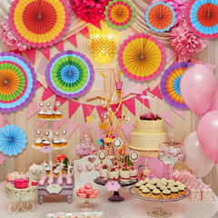 24 Colorful Hanging Paper Fan round Wheel Disc for Fiesta Party Supplies Decorat