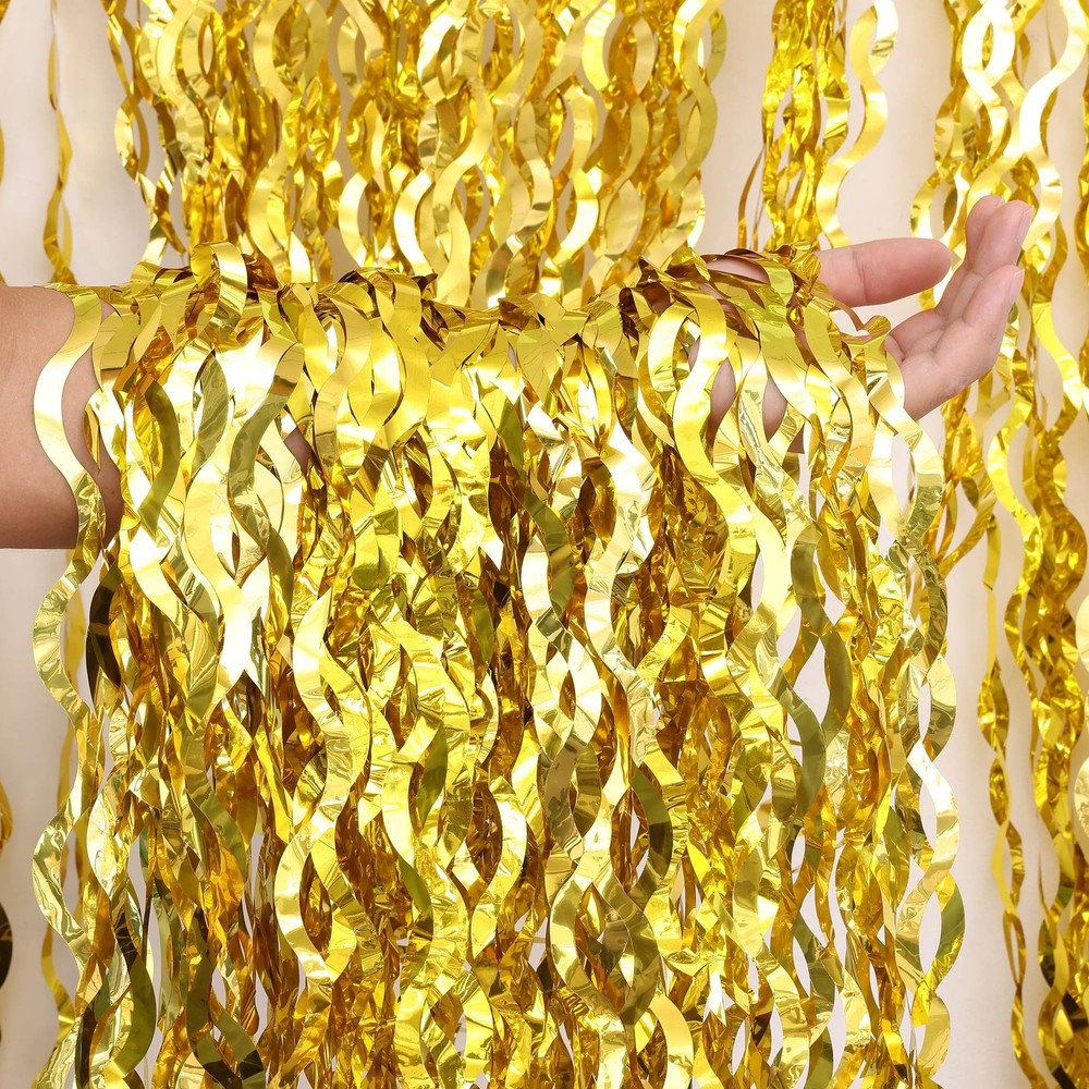 2 Pack 3.2×6.5 Feet Wavy Gold Foil Fringe Backdrop Curtains Tinsel Streamers